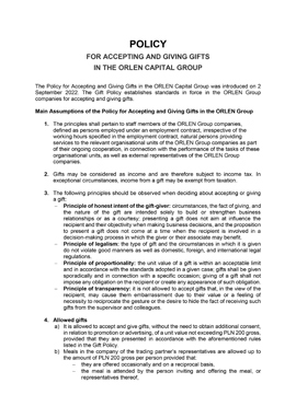 POLICY FOR ACCEPTING AND GIVING GIFTS IN THE ORLEN CAPITAL GROUP